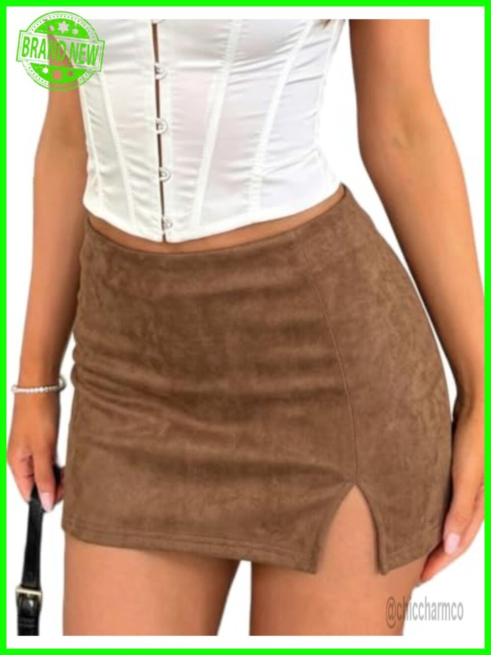 Faux Suede Mini Skirt High Waisted Side Slit Bodycon
